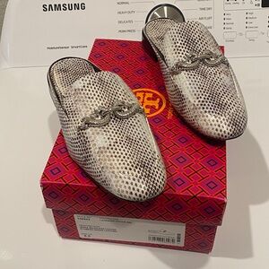 Tory Burch White and Black Snake Print Mules